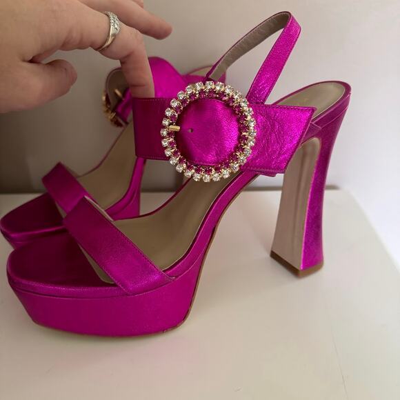 Karen Millen Fuchsia Open Toe Pink Rhinestone Buckle High Heels Sandal 40 / 9 - Picture 5 of 9